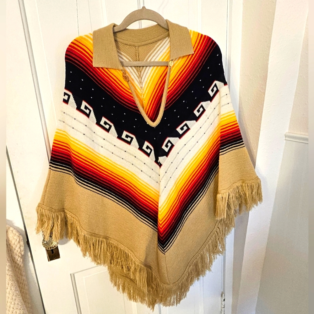 Hand-made, vintage poncho, Tan, Indigo, Orange, Yellow, White. One Size
